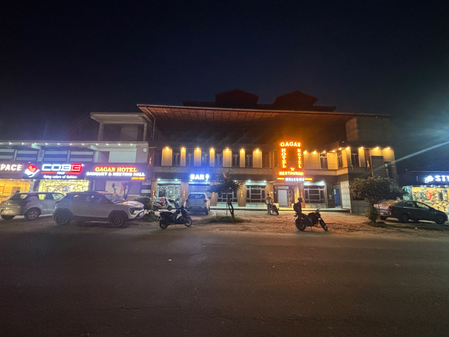 Gagan Hotel exterior at night